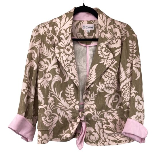 3 Sisters Womens Jacket Blazer‎ Size Large Linen Floral Pink & Green Lightweight - Picture 1 of 10
